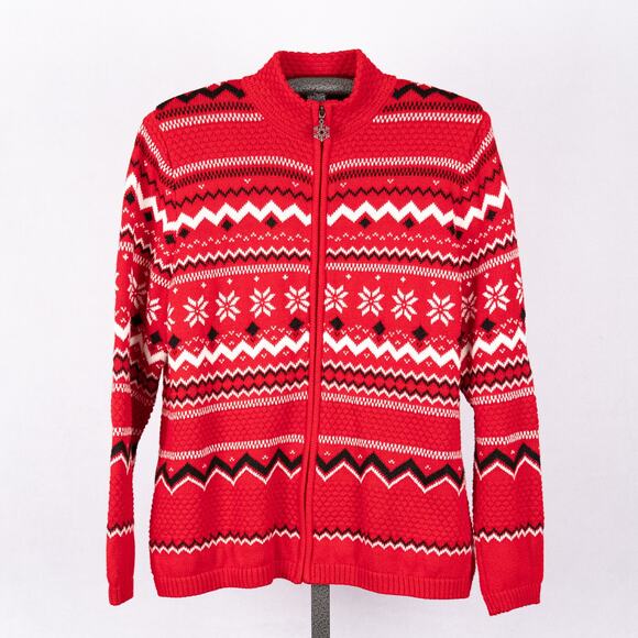 Women's Red Fair Isle Cardigan Sweater SZ XL Winter Holiday Snowflake Christmas - Picture 1 of 8